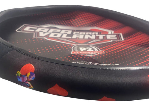 Capa Volante Carro Em Neoprene Preto Desenho Gato Coração