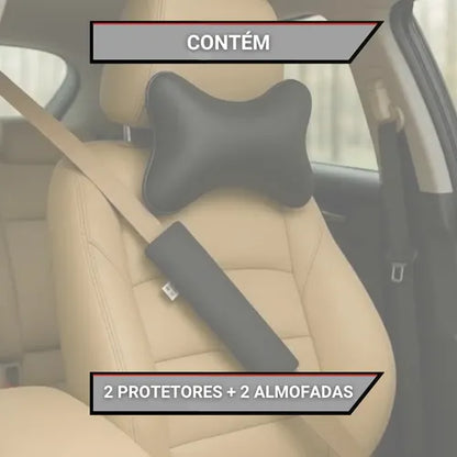 Kit 2 Protetores + 2 Almofadas Apoio Cervical Cinto Carro Preto
