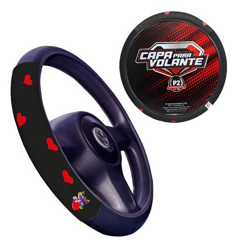 Capa Volante Carro Em Neoprene Preto Desenho Gato Coração