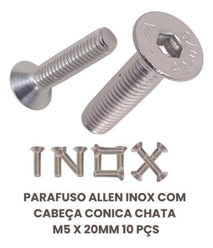 Parafuso Allen Inox Com Cabeça Conica Chata M5 X 20mm 10 Pçs