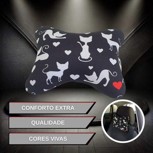 Almofada Apoio Cervical De Pescoço Para Carro - Gato Branco Preto Com Estampa Branca E Detalhe Vermelho Estampa De Gatos