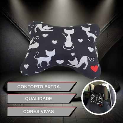Almofada Apoio Cervical De Pescoço Para Carro - Gato Branco Preto Com Estampa Branca E Detalhe Vermelho Estampa De Gatos