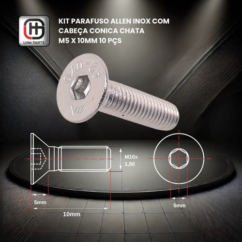 Parafuso Allen Inox Com Cabeça Conica Chata M5 X 10mm 10 Pçs