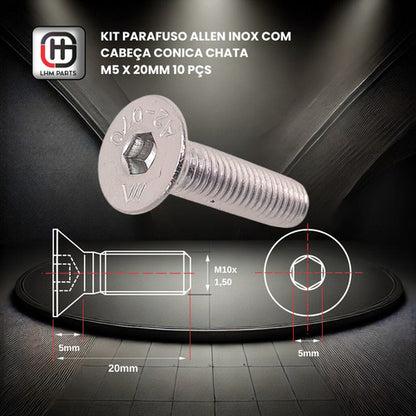 Parafuso Allen Inox Com Cabeça Conica Chata M5 X 20mm 10 Pçs