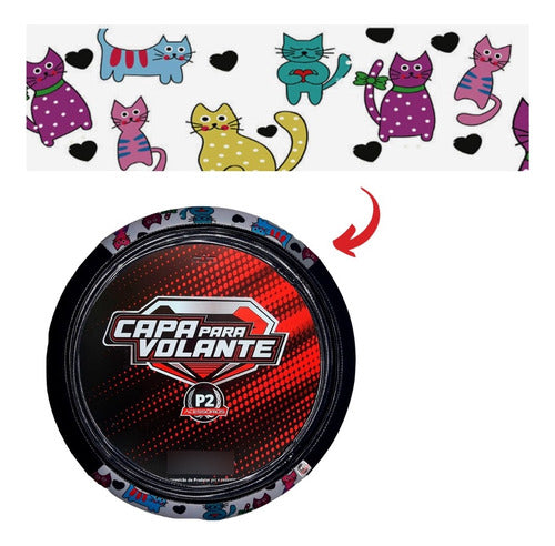 Capa De Volante Em Neoprene Preto - Gato Colorido