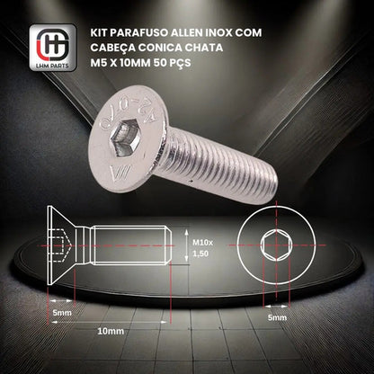 Parafuso Allen Inox Com Cabeça Conica Chata M5 X 10mm 50 Pçs