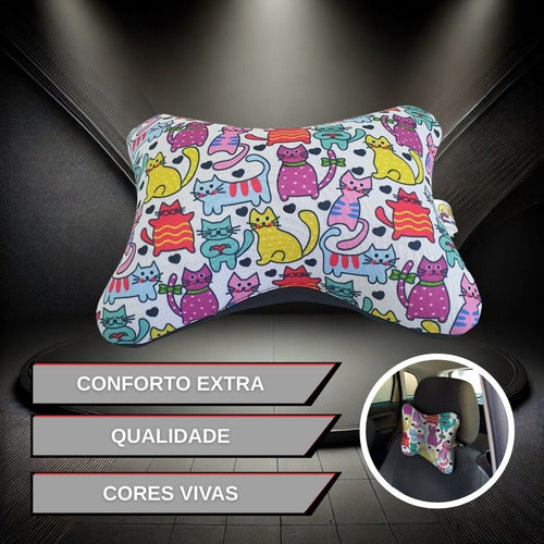 Almofada Apoio Cervical De Pescoço Para Carro- Gato Colorido