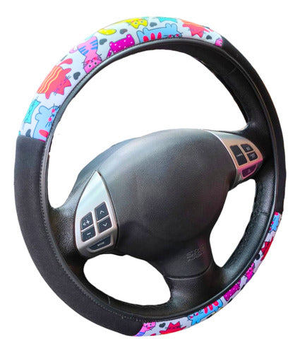 Capa De Volante Em Neoprene Preto - Gato Colorido