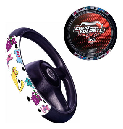 Capa De Volante Em Neoprene Preto - Gato Colorido