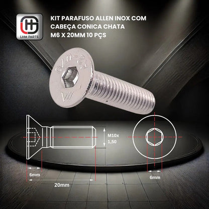 Parafuso Allen Inox Com Cabeça Conica Chata M6 X 20mm 10 Pçs