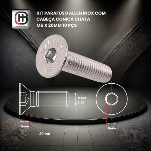 Parafuso Allen Inox Com Cabeça Conica Chata M6 X 20mm 10 Pçs