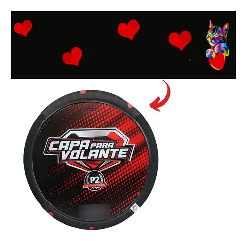 Capa Volante Carro Em Neoprene Preto Desenho Gato Coração