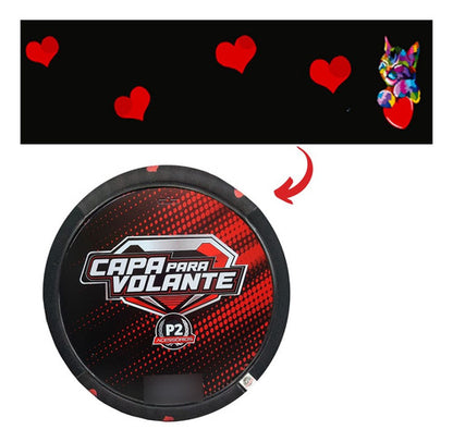 Capa Volante Carro Em Neoprene Preto Desenho Gato Coração