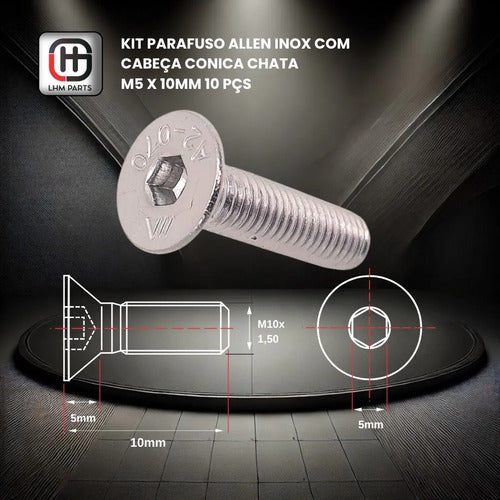 Parafuso Allen Inox Com Cabeça Conica Chata M5 X 10mm 10 Pçs