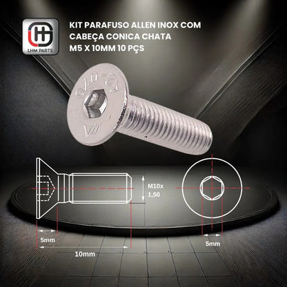 Parafuso Allen Inox Com Cabeça Conica Chata M5 X 10mm 10 Pçs